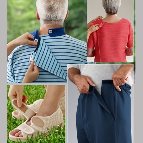 4 pattern of adaptive clothing, scandals, trousers with side patch, female blouse with closure on the shoulders and male shirt with closure at the back