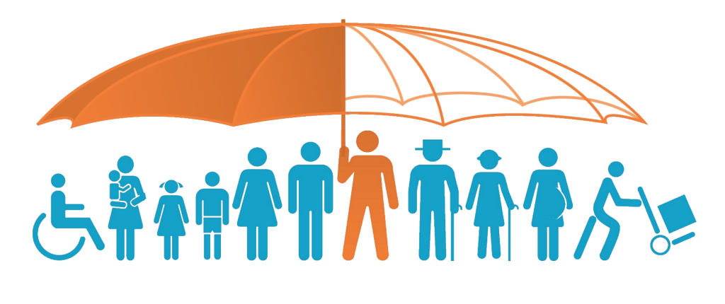 a vector image depicting social protection. The image has persons of different ages, disability and status (including a pregnant woman and old lady)